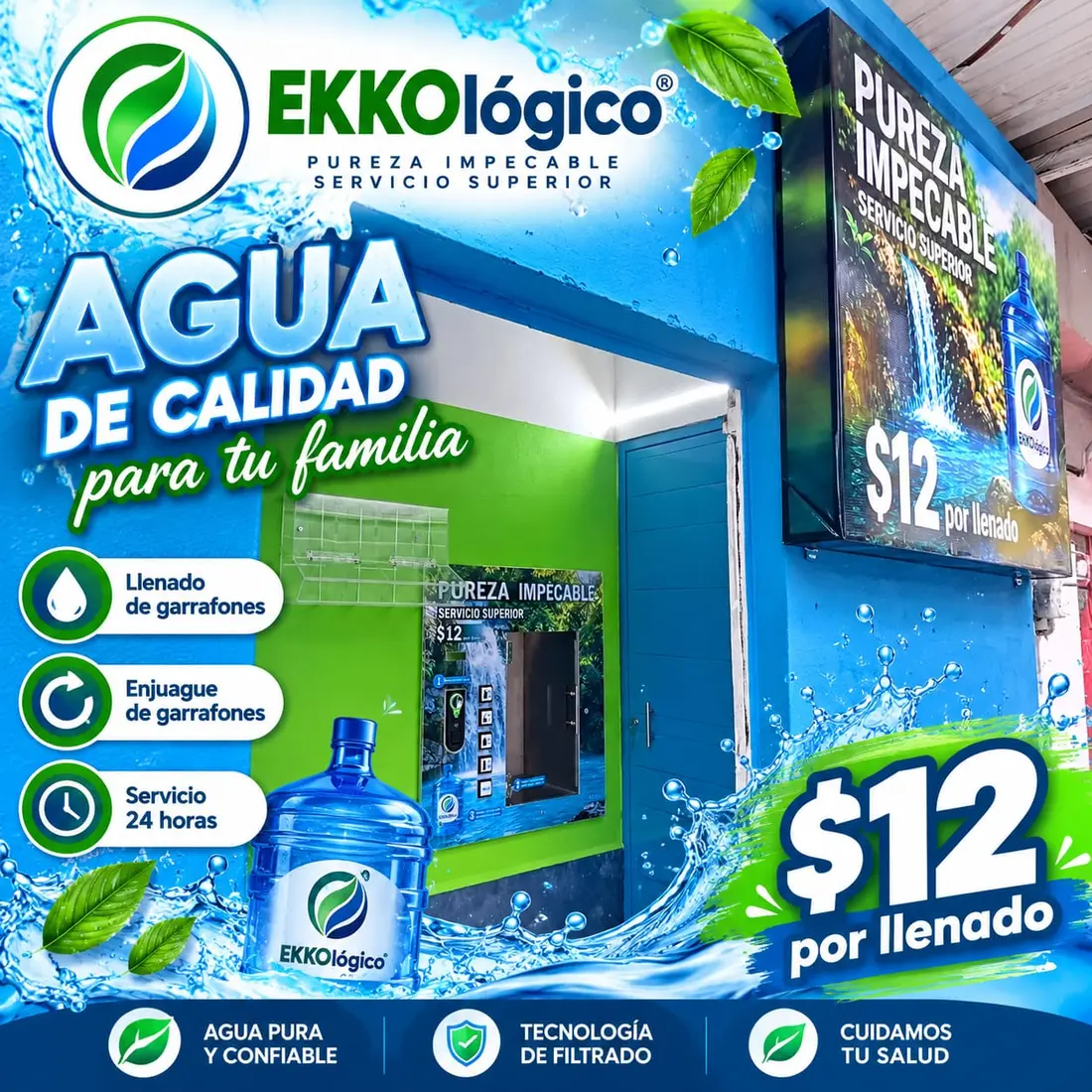 Banner EKKOlógico: ventana automática, agua, hojas y garrafón